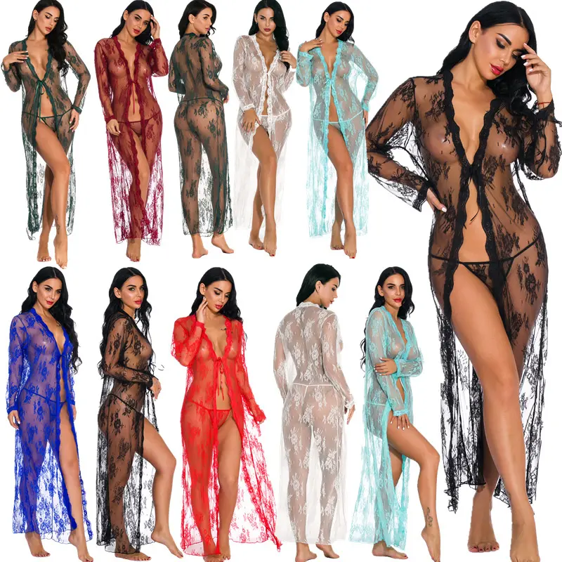 Sexy Lingerie Nightdress thin transparent V-neck lace long gown mesh chemise see through dress beach swimwear robe