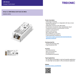 Controlador LED Tridonic LC 20/500/40 FixCC SC SNC4 20W 500mA de Corriente Constante AC-DC, 15-40V, No Regulable, Garantía de 8 Años, Fuente de Alimentación - Product Image 2