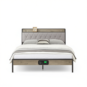 Full Size <b>Grey</b> Bed <b>Frame</b> With Integrated Charging Station Modern Design Fabric Upholstery Steel <b>Frame</b> - Product Image 1