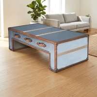 Table basse industrielle en acier inoxydable, cuir et bois massif, table à cigares, table à whisky, table basse de luxe