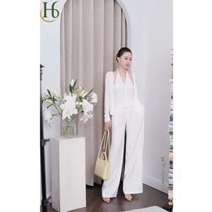 Pantalon décontracté plissé taille haute ample à jambes larges pour femme, en polyester et élasthanne, longueur totale, idéal pour l'été – Style Vietnamien - Product Image 1