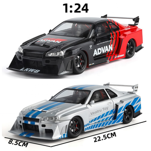 รถโมเดลไดแคสต์ 1:24 รถโมเดลอัลลอยด์ รุ่นปรับโฉม Nissan GTR R34 <span class=keywords><strong>Jada</strong></span> ประตูเปิดได้ ของสะสม ตกแต่ง โชว์ รถของเล่นโลหะ - Product Image 1