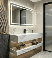 Meuble-lavabo mural de salle de bain en pierre, style européen moderne de luxe, avec miroir LED, durable et résistant à l'eau, garantie 5 ans