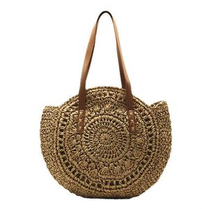 Women's Hollow Straw Woven Bag Handmade Knitting Woven Summer Seaside Holiday Beach <b>Tote</b> Bag All-Match Round Shoulder Bag - Product Image 5