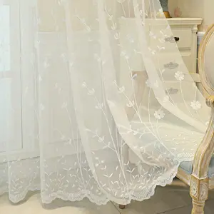 Factory Wholesale Ready Made Embroidery Lace Curtain, Elegant White Floral Embroidered Sheer Curtain For Living Room