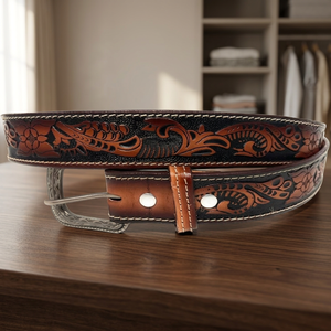 Ceinture d'outillage en cuir western pour hommes et femmes avec sculpture florale à la main et peinture ceinture en cuir usiné pleine fleur unisexe - Product Image 1