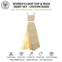 Ensemble deux pièces d'été, haut court à col carré et jupe longue à volants avec bordure en ruban dentelle, service OEM et ODM disponible