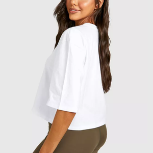T-<span class=keywords><strong>shirt</strong></span> <span class=keywords><strong>blanc</strong></span> à col rond pour femmes, haut court de haute qualité, OEM, épais et épais, T-shirts pour femmes, vente en gros - Product Image 2