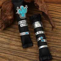 JZ039 Ensemble de bagues cactus turquoise occidental 7 pièces en gros | Bagues empilables vintage du sud-ouest Boho