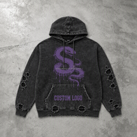 Hoodie Pria Hitam Custom dengan Grafis Huruf Ular Ungu di Bagian Depan, Detail Robek Distressed, OEM ODM