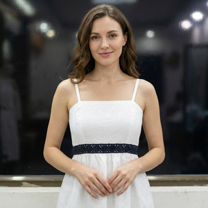 <b>White</b> Spaghetti Strap Slim Woven Cotton Lining Midi <b>Dress</b> A-Line Casual Summer Linen <b>Dress</b> - Product Image 2