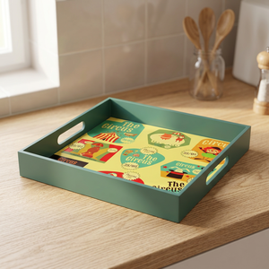 KAMRAN Elegant Designer Handmade Square Wooden Serving <b>Tray</b> with Handle Eco-Friendly Printed <b>Table</b> Decor - Product Image 1