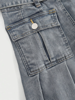 Jupe courte plissée en jean délavé vintage pour femme avec poches cargo, ceinture ajustable et taille haute
