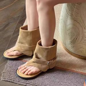 Sandales bottes d'été 2026 pour femme, à bride unique, en cuir véritable, plates, style tongs, bottines western - Product Image 2