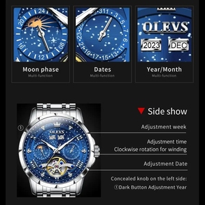 Drop Shipping OLEVS Men Watch Original Tourbillon Multifunctional Mechanical Watch Astral Dial Watches For Men Moon Phase Reloj - Product Image 5