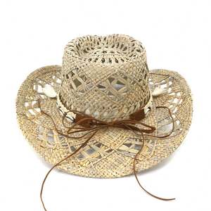 Chapeau de cowboy en paille J357 CD, tissé à la main en paille naturelle, visière pare-soleil, ceinture réglable, unisexe, pour activités de plein air, pêche, voyage, style décontracté - Product Image 5