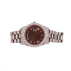 Reloj de Cuarzo Unisex de Lujo, Caja Redonda de Acero Inoxidable, Bisel con Diamantes, Esfera Marrón, Números Romanos, Cierre Desplegable Analógico - Product Image 1