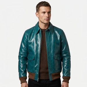 <b>Mens</b> Real Teal <b>Leather</b> Bomber <b>Jacket</b> Shirt Collar Flap Pockets Sheepskin Turquoise Green Aviator Coat Custom Winter Outerwear - Product Image 1