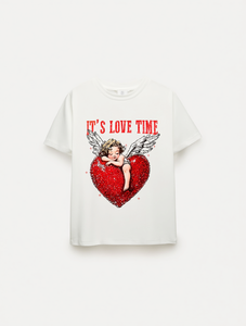 T-shirt con stampa Cupido per San Valentino, da donna, a maniche corte, girocollo, casual, primavera estate, 100% cotone jersey - Product Image 1