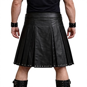 Men's <b>Black</b> Faux Leather Kilt With Chain Pockets Gothic Biker Style For Cosplay Costumes - Product Image 2