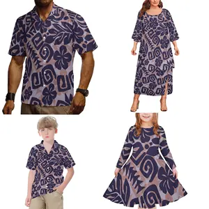 custom on demand polynesian clothing 4 piece family sets top quality polyester cotton men&boy shirts puletasi dress family sets