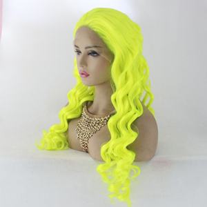 วิกผมด้านหน้าลูกไม้สีเขียวเรืองแสงวิกผมหยิกยาวสังเคราะห์<span class=keywords><strong>สี</strong></span>เหลืองสดใสสำหรับผู้หญิงแฟชั่นคอสเพลย์ - Product Image 6