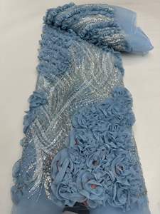 قماش دانتيل جديد من NI.AI بتطريز زهور، نسيج شبكي مخطط مع ترتر لامع، قماش دانتيل مزين باللؤلؤ والخرز - Product Image 5