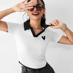 V 넥 여아 의류 맞춤 티셔츠 빈티지 짠 하트 모양 패턴 프로모션 티셔츠 숙녀 브랜드 티셔츠