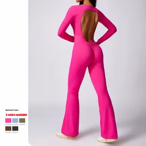 Hot Sale Women Jumpsuits Bell Bottom Long Sleeves Onesie Hollow Out Back Sexy Skin Friendly Fitness Sports Yoga Bodysuits