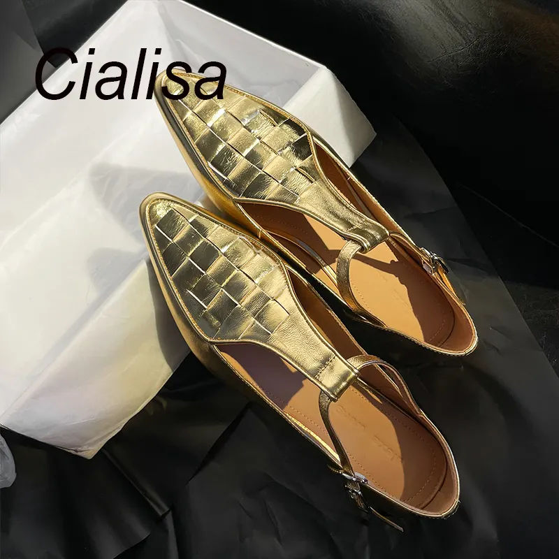 Cialisa 2023 Spring Summer Pointed Toe Mary Jane Casual Shoes Women Gold Genuine Leather Ladies Flats Pumps Shoes zapatos-de-muj