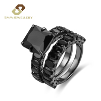 Meistverkauftes Smaragdschliff Schwarzes CZ Braut-Ringset Schwarz Verchromtes 925 Silber 2-teiliges Verlobungs- und Ehering-Set für Damen