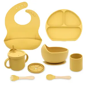 Vaisselle et ustensiles de cuisine en silicone de qualité alimentaire, bol à ventouse, bavoir, tasse, formation à l'alimentation des tout-petits, cuillère douce, fourchette, Kit de plats