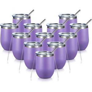 50 Pack 12 oz Double Wall Vacuum Insulated Stainless Steel Wine Tumbler <b>with</b> Lid and <b>Straw</b> Stemless Design - Product Image 1
