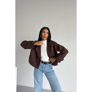 Gabardina Corta para Mujer, Color Café Amargo, Manga Larga, Corte Estructurado, Prenda Exterior Informal para Primavera y Otoño - Product Image 6