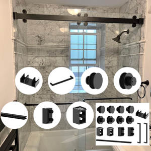 Dusche Cambridge Series Zweitüriges Bypass-Schiebe system Mattschwarz Doppels chiebe rahmenlose Glastür beschläge mit Rohr - Product Image 1