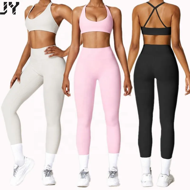 Joyyoung Offre Spéciale femmes 2 pièces couleur unie jambières d'entraînement Yoga vêtements Gym Fitness ensembles sport soutien-gorge Legging Yoga ensemble