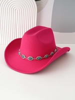 Chapeau de cowboy en feutre noir en gros avec chaîne de conchos turquoise argentée, chapeaux de style western et country
