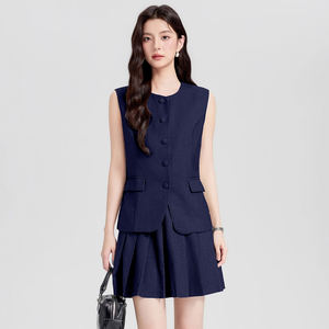 Traje de Dos Piezas <span class=keywords><strong>para</strong></span> Mujer, Estilo Universitario, <span class=keywords><strong>Chaleco</strong></span> sin Mangas, Falda Plisada Azul, Elegante, Juvenil - Product Image 4