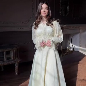 Nuovo Abito Lungo Estivo 2026 da Donna con Scollo a V, Maniche a Sbuffo in Pizzo, Stile Francese Chic, Elegante, Vita Alta, Bianco, da Festa - Product Image 2