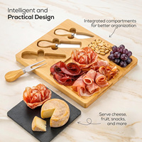 Plateau de service en bambou pour charcuterie avec couteaux à fromage et plateau en ardoise, plateau de service en bois pour fromages, apéritifs, collations, fruits et fêtes