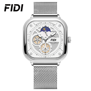 FIDI – montre mécanique automatique pour hommes, boîtier carré argenté, bracelet en maille, phase solaire, cadran multi-squelette, résistante à l'eau, à la mode - Product Image 1