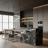 Moderne Luxus-Japandi-Küchenzeile mit schwarzer Marmorinsel, eingebauten Öfen, ENF-Klasse PUR-Kantenbandierung, KDPacking