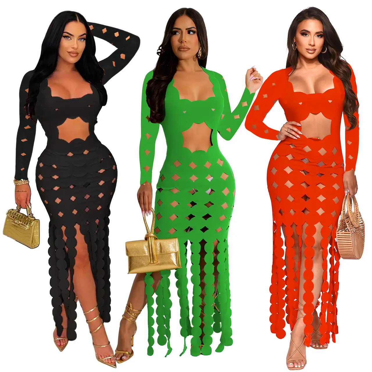 New design 2024 fall clothes square collar long sleeve maxi dresses women backless sexy dress hollow out club dresses