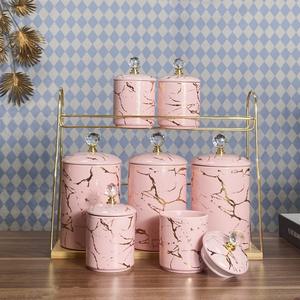 Pink Marble Ceramic Storage Jars <b>Set</b> With Gold Rack 7 Piece Kitchen <b>Canisters</b> Airtight Lids For Pantry Organization - Product Image 1