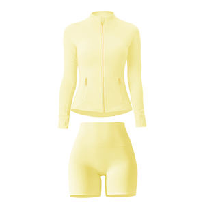 Jaket Logo Kustom Celana Yoga Berkualitas Tinggi Pakaian Olahraga Gym Resleting Kebugaran Wanita Jaket Olahraga Dengan Celana Pendek Set 2 Potong - Product Image 5