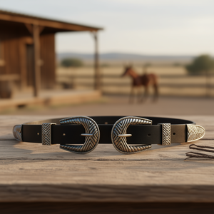 Cintura in vera pelle 3x100 cm con doppia fibbia in stile western per donna e uomo - Product Image 3