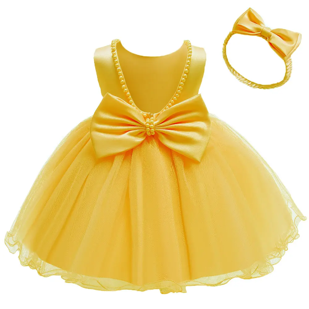 Yeni moda çocuk elbisesi bebek giyim doğum günü Pageant parti boncuk resmi tül bebek elbise çiçek kız elbise şapkalar