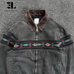 Jaket Kerja LARSUR Custom Distress Wash Heavy Duck Canvas dengan Cetakan Aztecs, Gaya <span class=keywords><strong>Western</strong></span> Cowboy Tribal Navajo, Jaket Kerja untuk Pekerja - Product Image 1