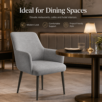 Fauteuil de salle à manger, tissu tissé gris, accoudoirs incurvés, pieds coniques noirs pour restaurant, hôtel, café, banquet et bar