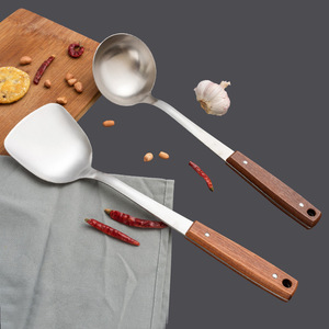 Ensemble spatule et cuillère en acier inoxydable, 2 pièces, manche en bois épais, ustensiles de cuisine robustes pour la cuisson - Product Image 1